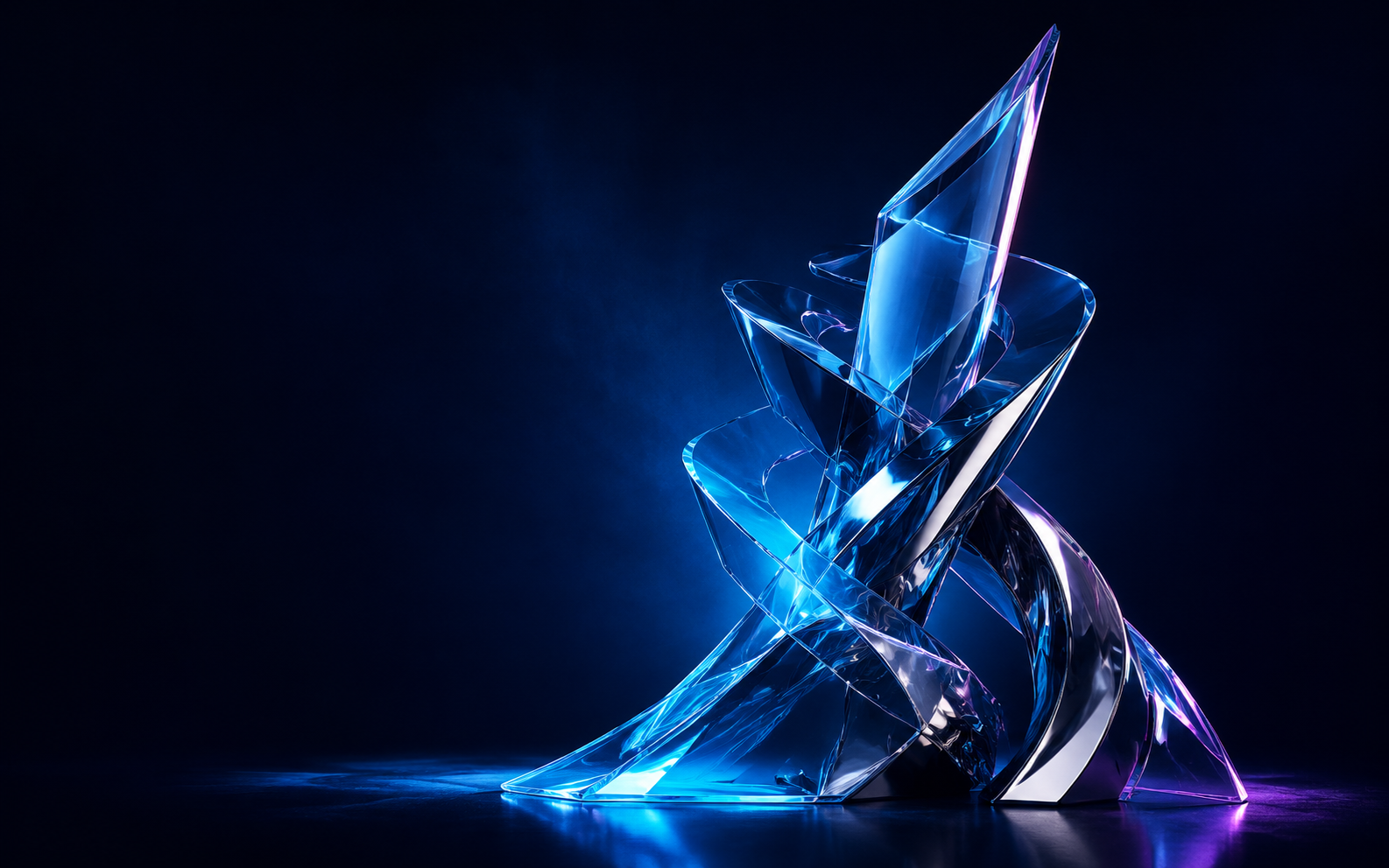 Abstract glass and chrome sculpture representing human intelligence amplified by AI