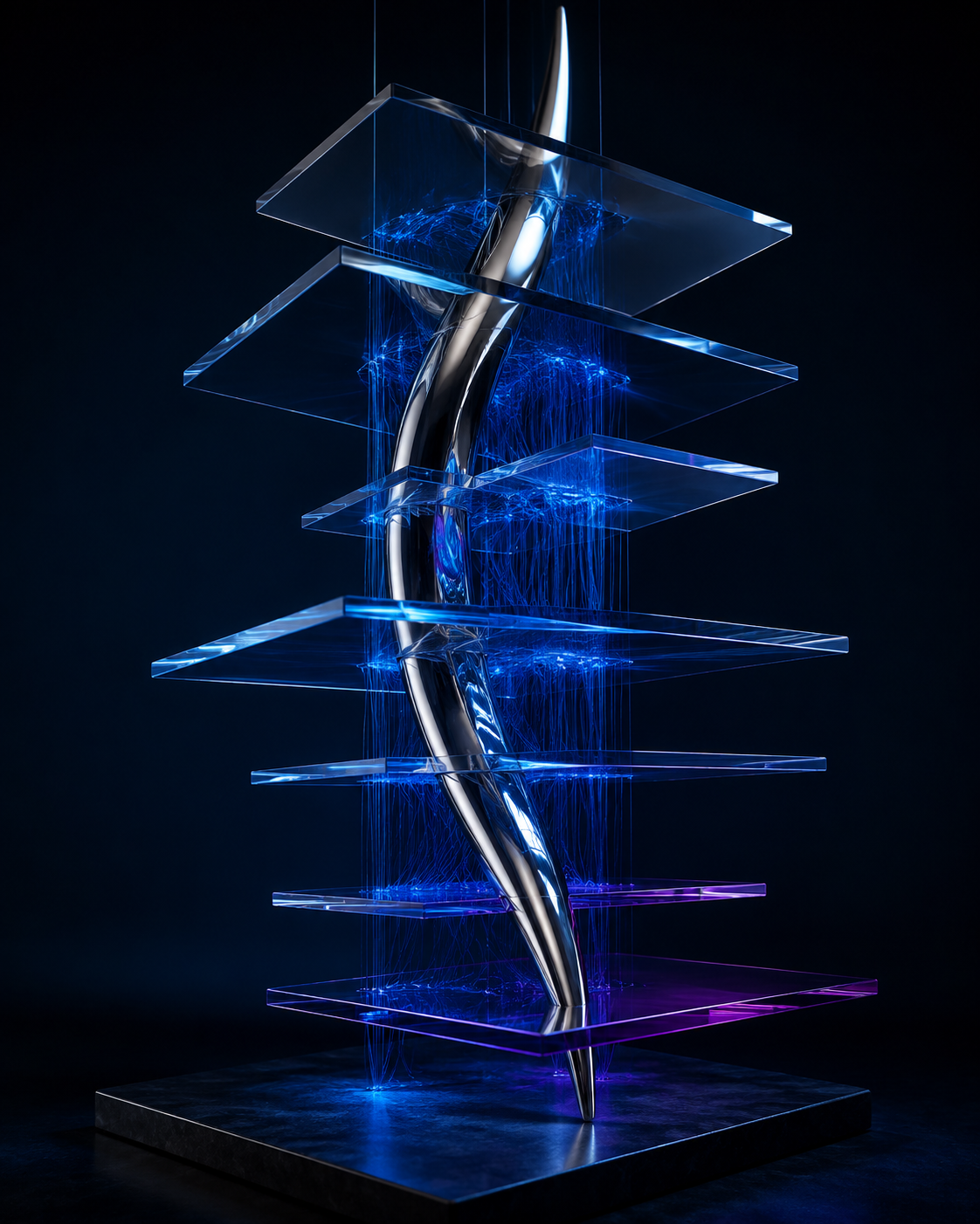 Abstract glass and chrome sculpture representing connected business systems